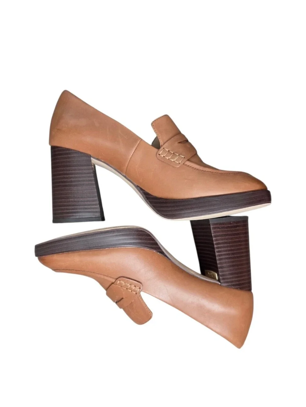 Clarks Zoya 85 Tan Leather Chunky Block Heel Penny Loafers Size 9.5 90s Retro